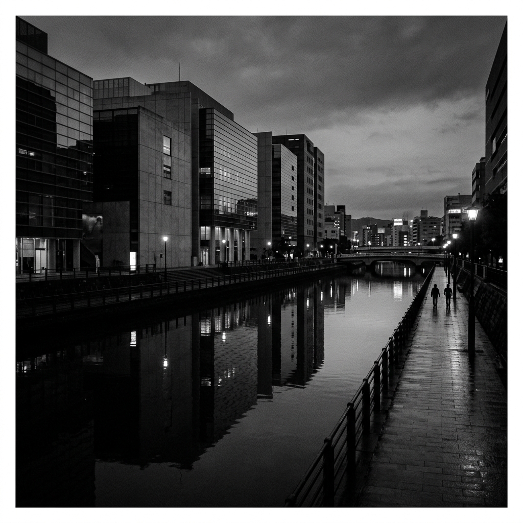 Black and white photograph of Fukuoka's Naka River canal at dusk with neon building lights reflecting off the water